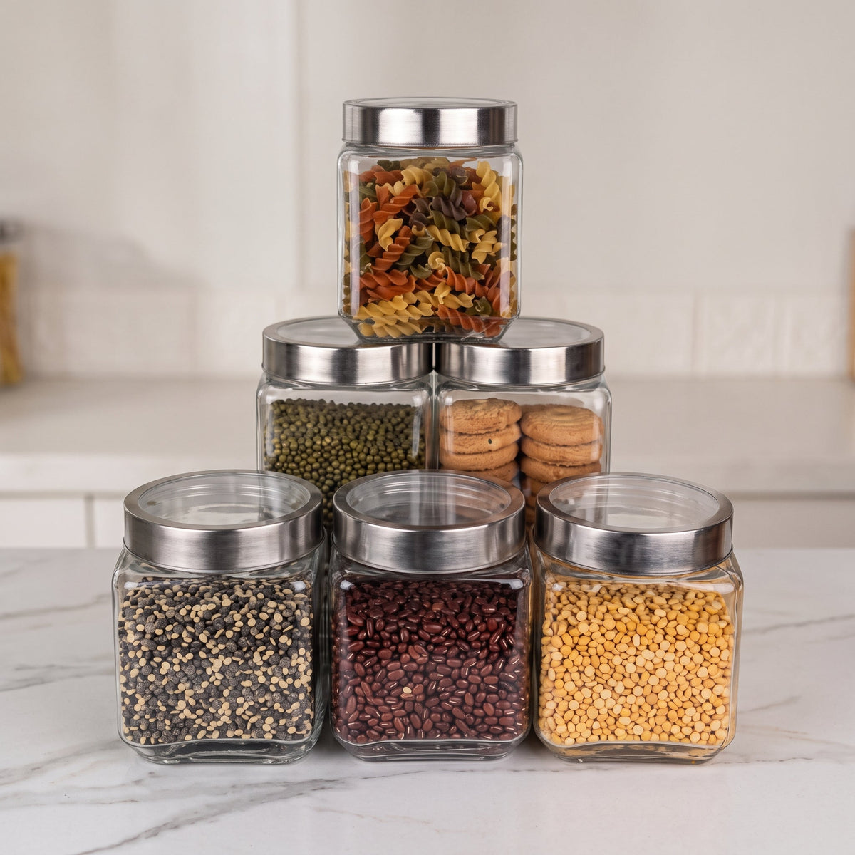 Stainless & Glass Spice Organizer Set with Wooden Stand