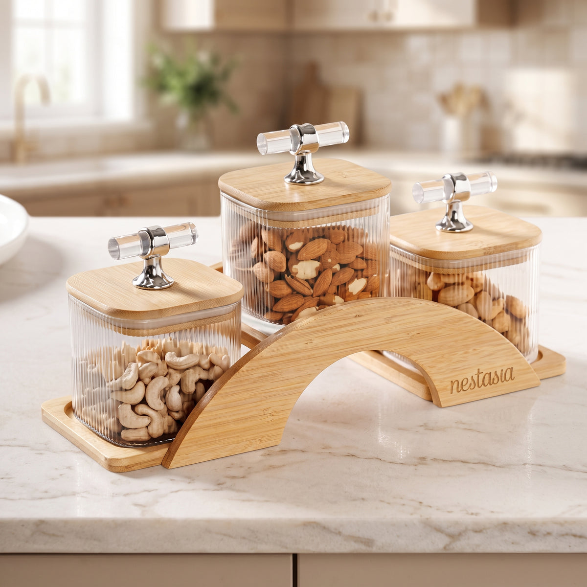 Fluted Glass Dry Fruit & Snack Server Set with Bamboo Arch Stand