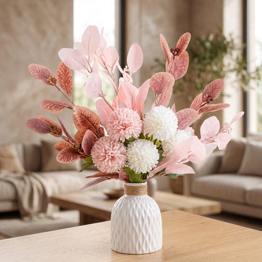 Artificial Dusty Pink & White Flower Bouquet with Textured Ceramic Vase
