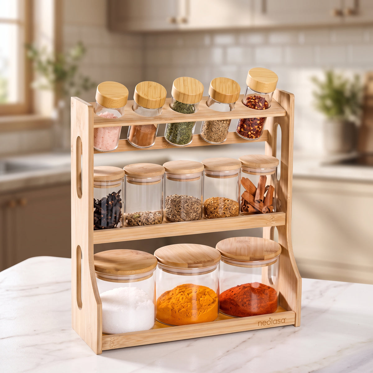 Nestasia Glass Storage Canister Collection with Tiered Bamboo Stand