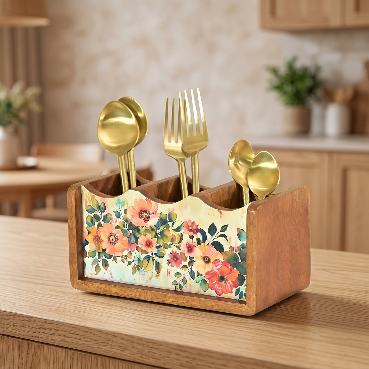 Handcrafted Wooden Cutlery Holder with Floral Design – 3-Compartment Organizer