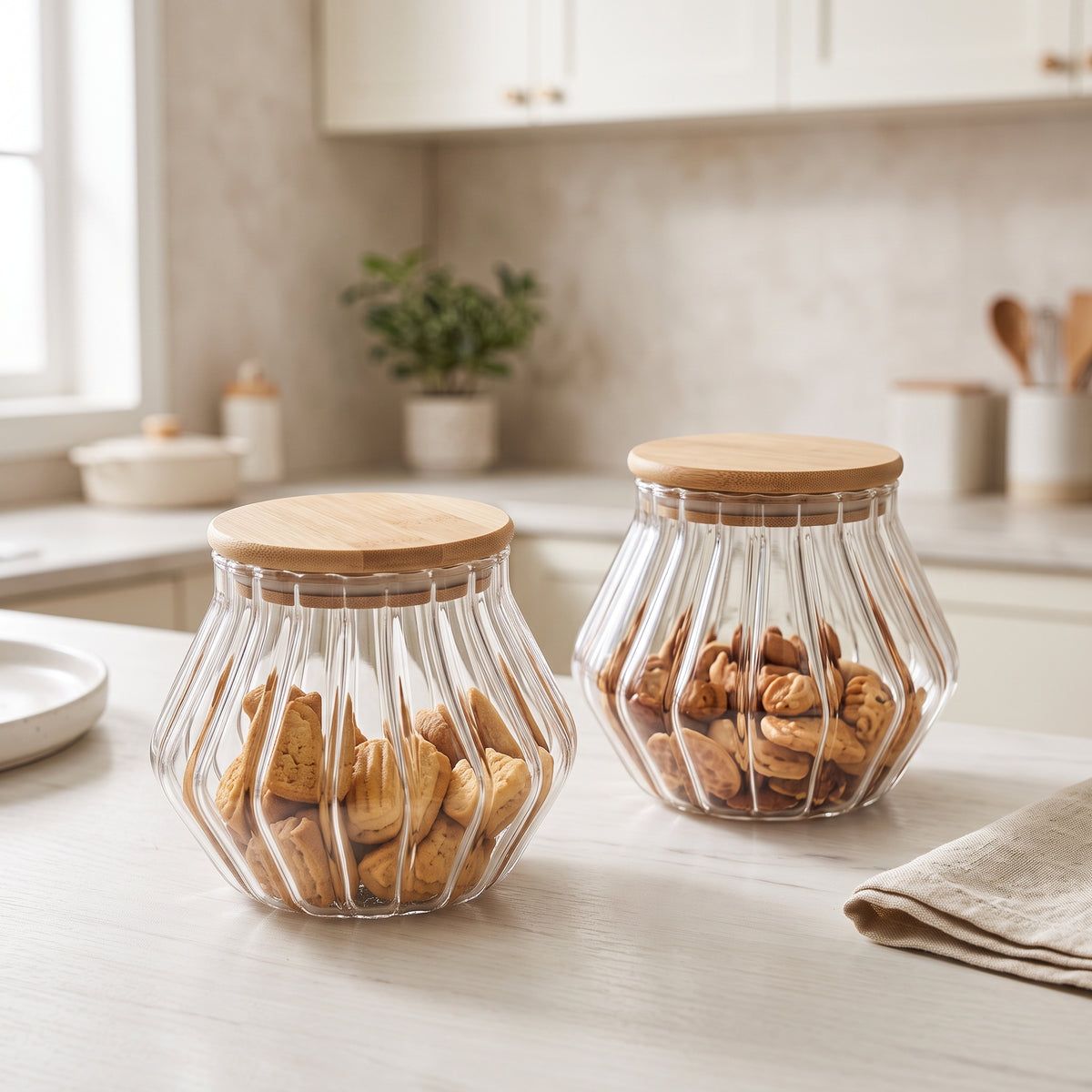Solene Ribbed Glass Jar with Bamboo Lid (Set of 2)