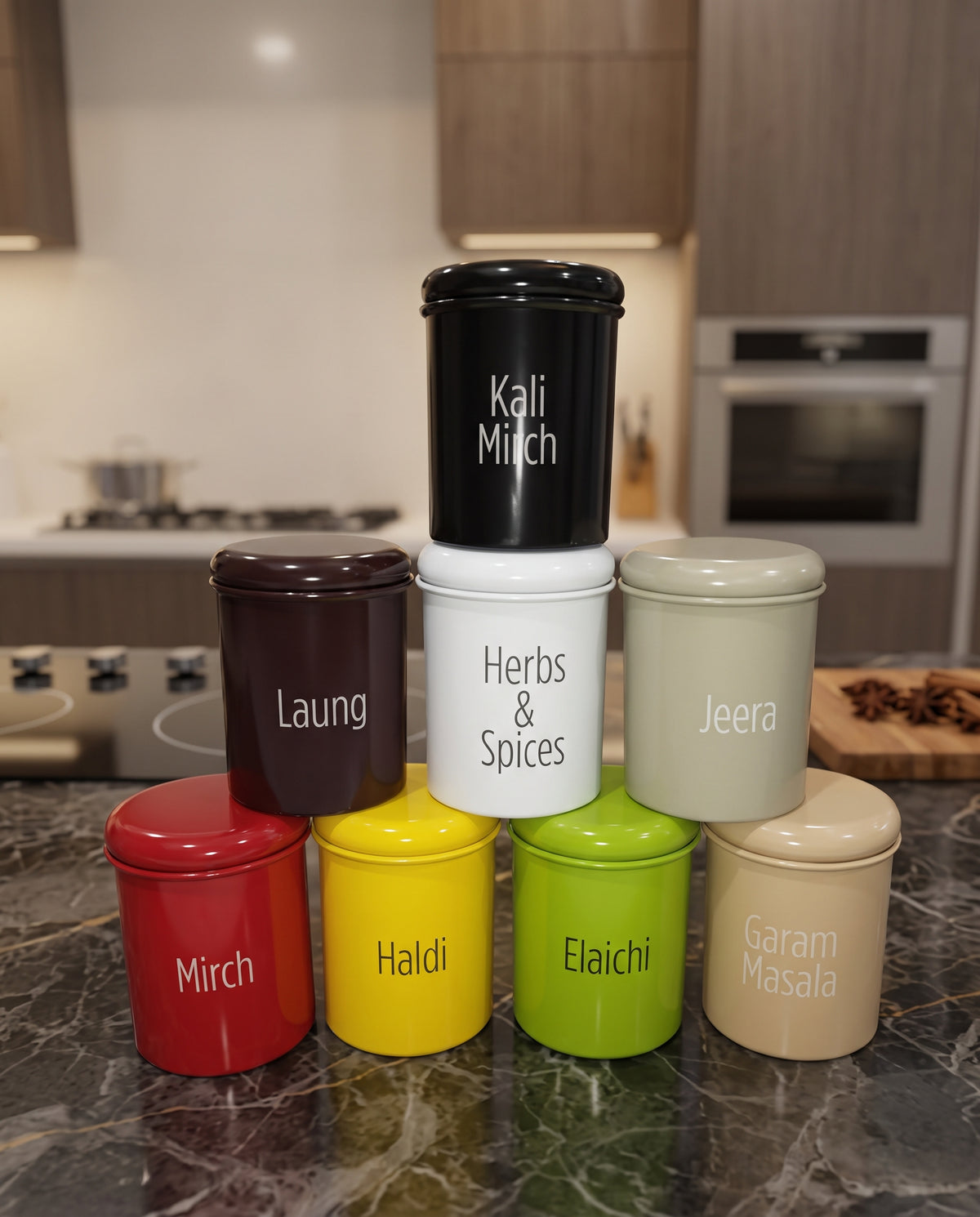 8-Piece Multi-Color Labeled Stainless Steel Spice Jar Set