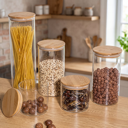 4-Piece Glass Storage Jar Set with Wooden Lids – Kitchen Pantry Food Organizer