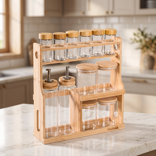 Nestasia Bamboo Seasoning & Oil Dispenser Suite with Tiered Organizer