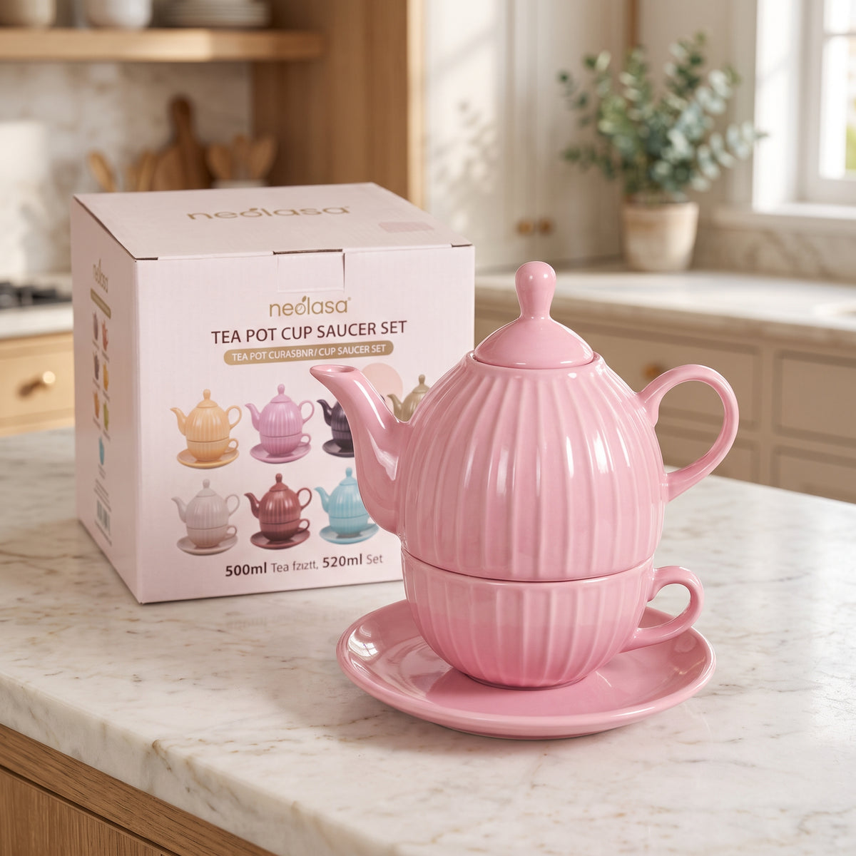 Pastel Fluted Ceramic Tea-for-One Set with Saucer