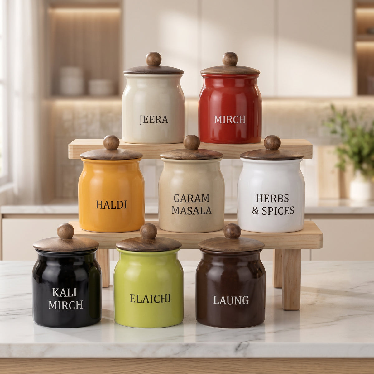 Artisan Ceramic Spice Jars Set with Wooden Lids (8-Piece)