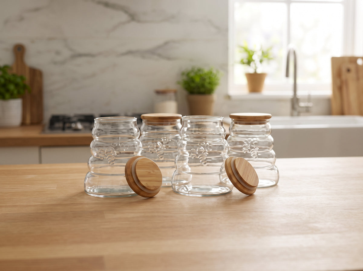 Ribbed Glass Kitchen Storage Jars Set with Airtight Bamboo Lids
