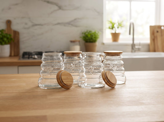 Ribbed Glass Kitchen Storage Jars Set with Airtight Bamboo Lids