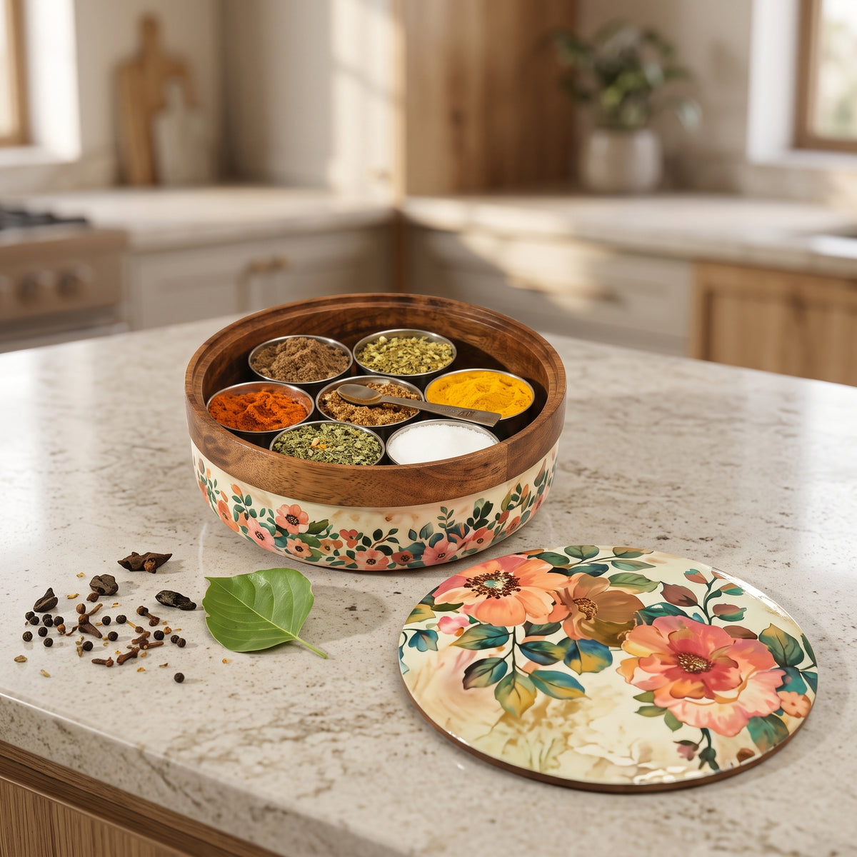 Artisan Floral Wooden Masala Dabba with Brass Cups