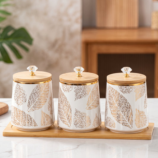 3-Piece Ceramic Kitchen Canister Set with Golden Leaf Design