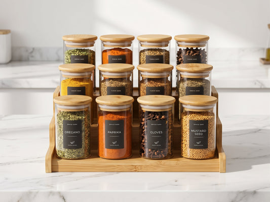 Glass Spice Jars Set with Bamboo Lids & Wooden Organizer Rack