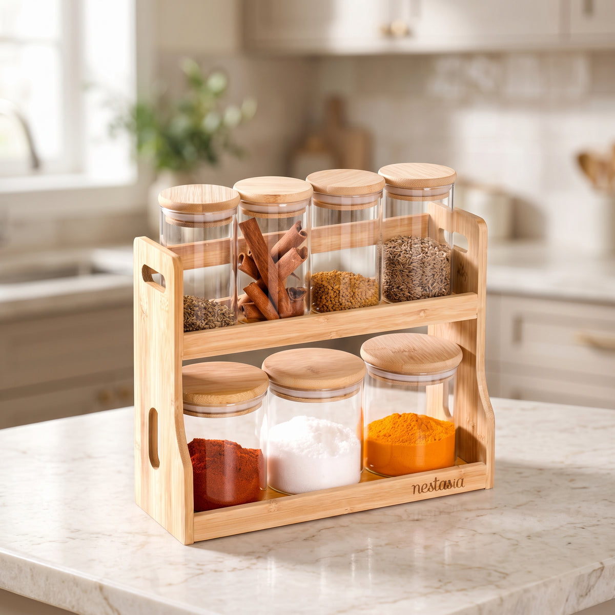 Dual-Tier Glass Spice Organizer with Natural Bamboo Stand