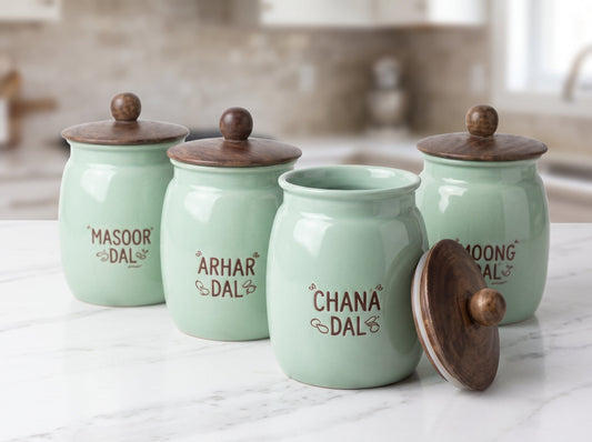 Airtight Ceramic Kitchen Storage Jars Set with Wooden Lids & Tray