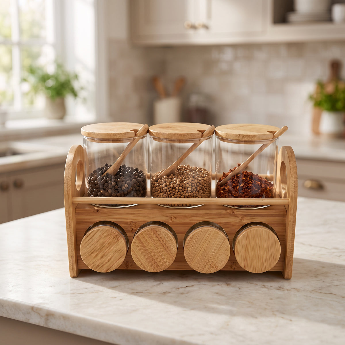 Glass & Wood Seasoning Canister Organizer with Built-in Spoons