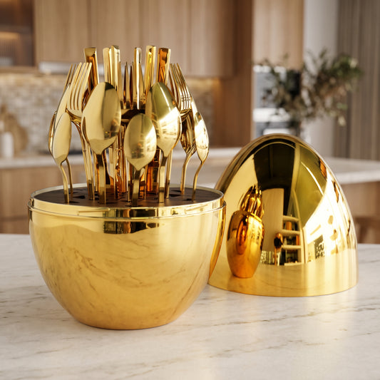 Royal Gold Egg Capsule Cutlery Set with Mirror Finish Case (24-Piece)