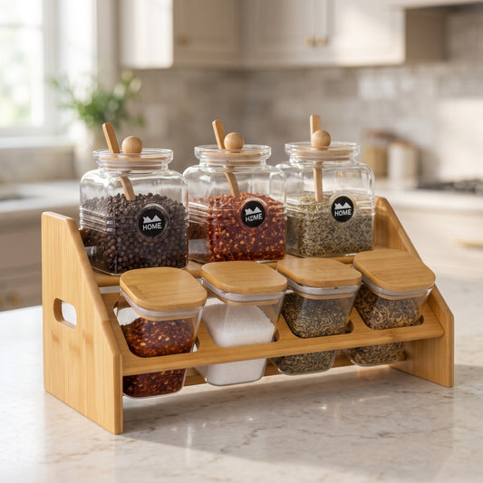 Dual-Tier Glass & Bamboo Spice Organizer Suite with Dedicated Spoons