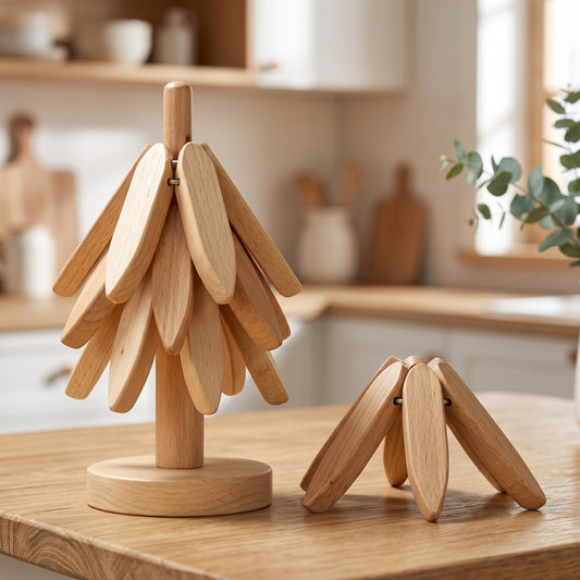 Foldable Natural Beech Wood Heat Resistant Trivet Tree