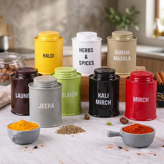 8-Piece Labeled Metal Spice Jar Set – Airtight Masala & Herb Containers